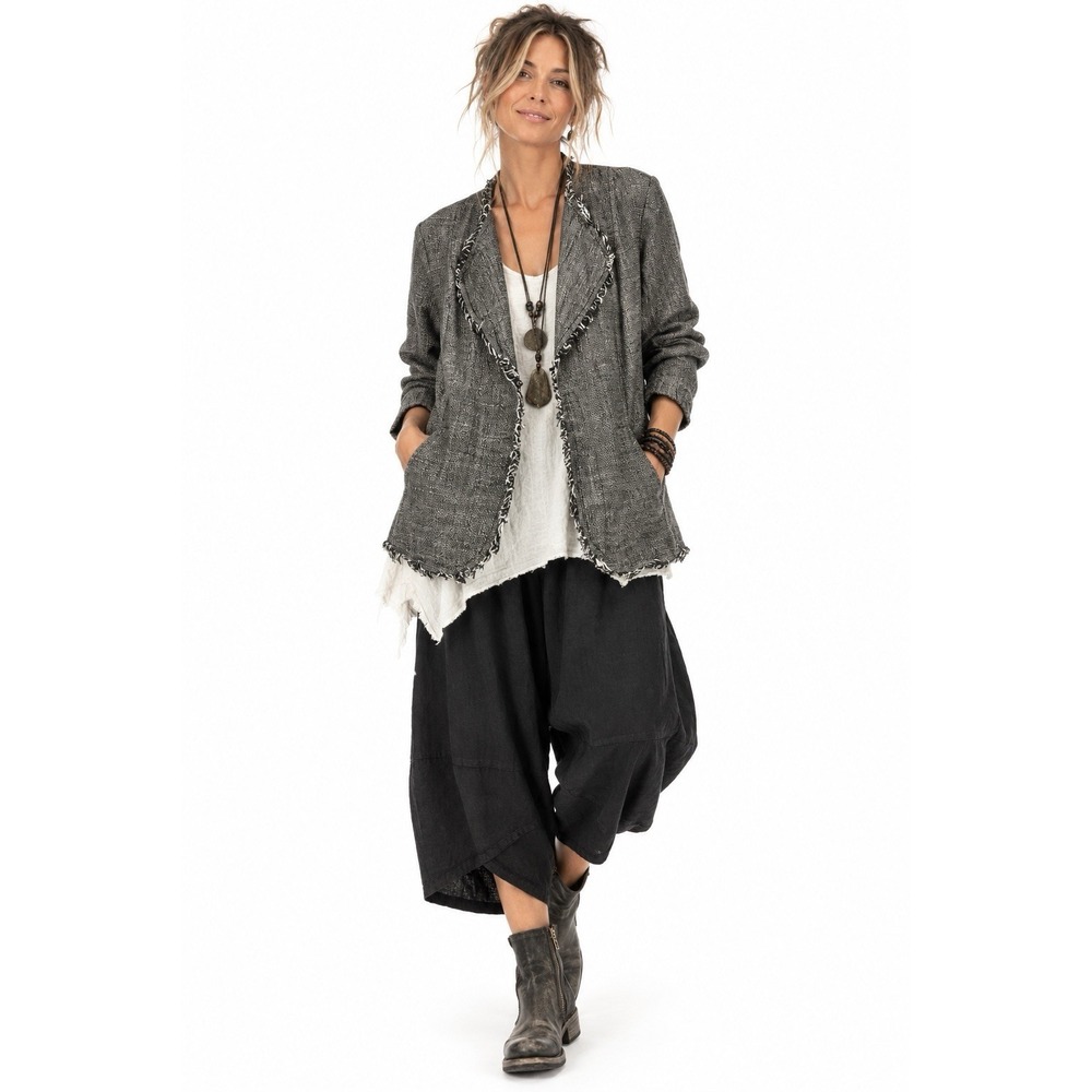 Eileen Fisher Linen Fringe Cardigan Jacket PM Gray Lagenlook Raw Hem Boho Luxury
